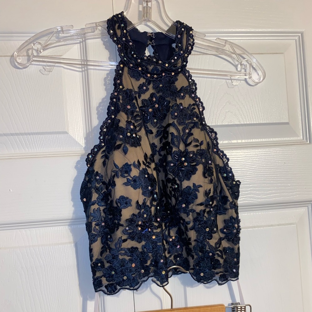 Two Piece Navy Blue Prom Dress